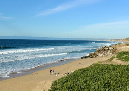 A sunny beach scene with blue ocean, gentle waves, sandy shore, and a small group walking near the water; green shrubs and rocky cliffs on the right end.