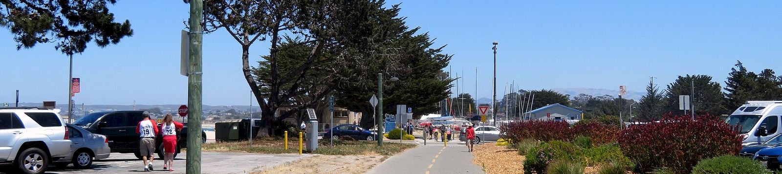 A seaside parking lot and road lined with shrubs and boats in the distance, with people walking toward the harbor on a sunny day.